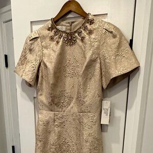 NWT Teri Jon Rickie Freeman Gold Beaded Jacquard Trumpet Gown Size 2